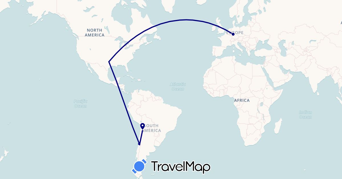 TravelMap itinerary: driving, plane in Chile, Germany, United States (Europe, North America, South America)
